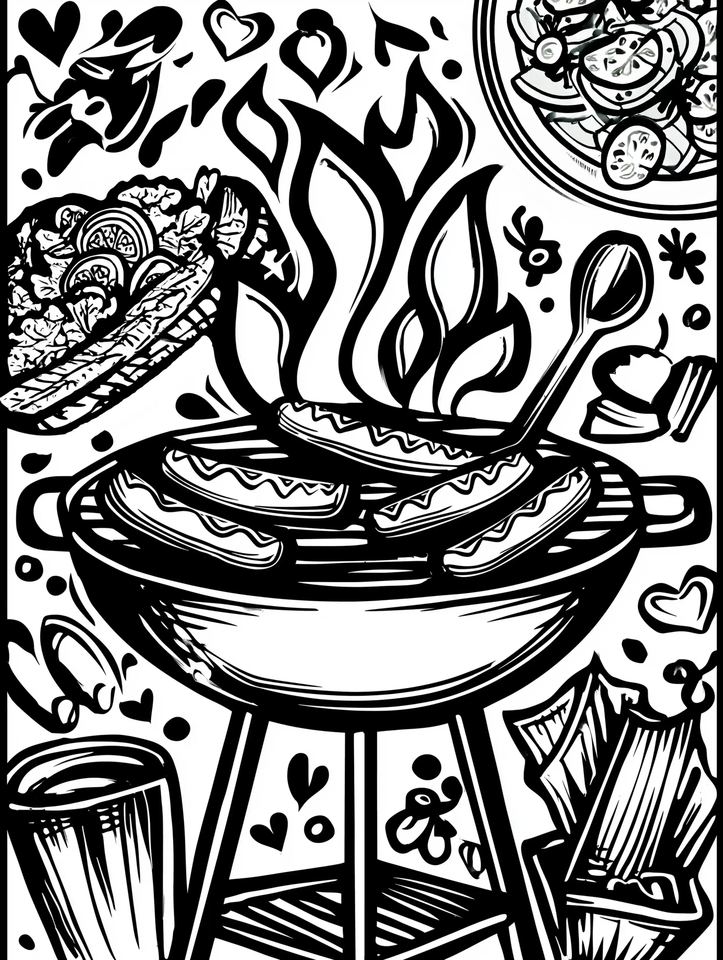 Free printable summer coloring page for adults featuring a barbecue grill with hotdogs and flames